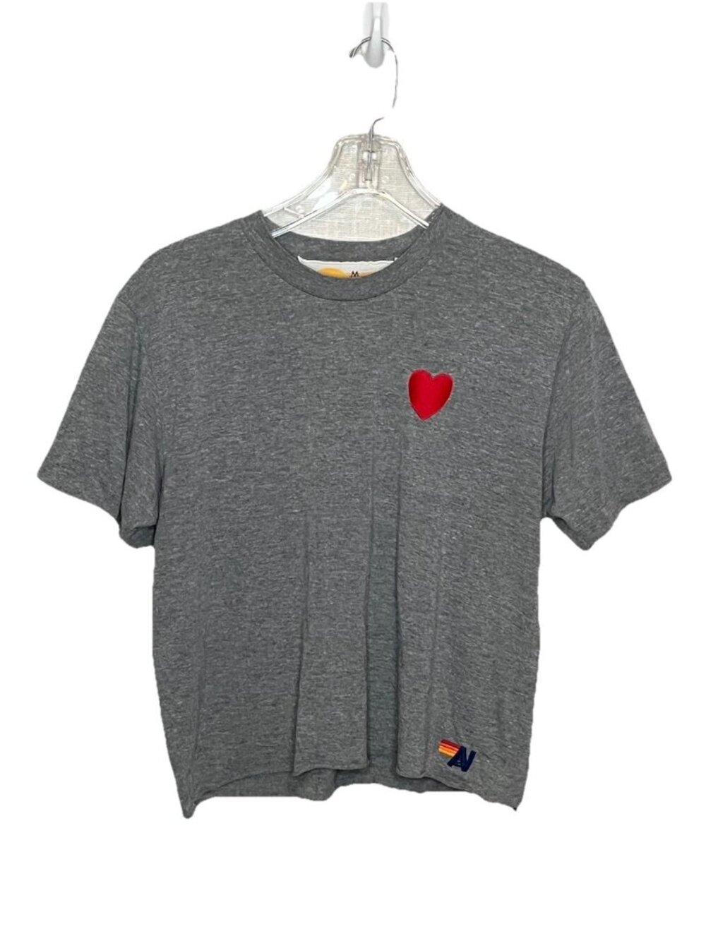 Aviator Nation Heart Patch T Shirt Womens M Gray Cropped Rainbow Logo Made USA